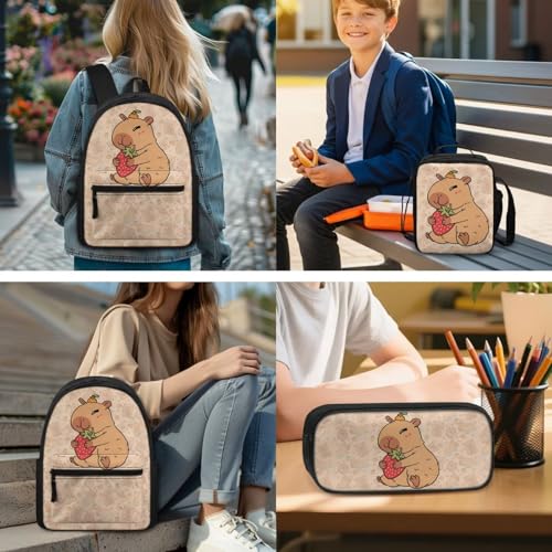 BIGCARJOB Capybara School Bags Set for Kids Girls Large Backpack Back to School Bookbags Set with Lunch Box and Pencil HolderTeens College Student Casual Daypack - color: Capybara Print, size: One Size