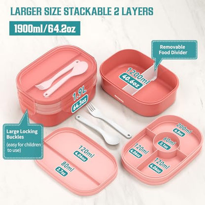 RIKDOKEN Bento Lunch Box, Stackable 2 Layers Containers with Compartments, Portable 64OZ Large Capacity Leakproof Bento Box with Spoon & Fork & Lunch Bag, Microwave Safe Lunch Box for Kids and Adults - color: Pink