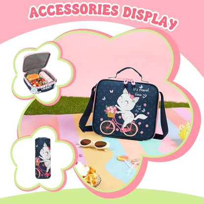 Backpack with Wheels for Girls Rolling Backpack for School with Lunch Bag Cute Carry On Backpacks for Elementary Student - color: Pink Cat
