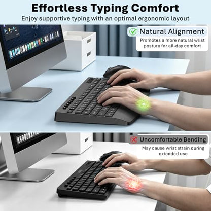 Wireless Keyboard and Mouse Combo, Full-Size Ergonomic Computer Set with Palm Rest, Lag-Free 2.4G USB Cordless Quiet Typing, Silent Click, Auto-Sleep for PC, Mac, Laptop, Windows (Black)