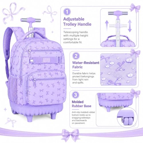 gxtvo Girls Rolling Backpack, Women Roller Bookbag with Lunch Box for Adults, Water Resistant Wheeled School Bag for College Teens Kids Travel - Purple Bow - color: Girls Rolling Backpack Bow Purple