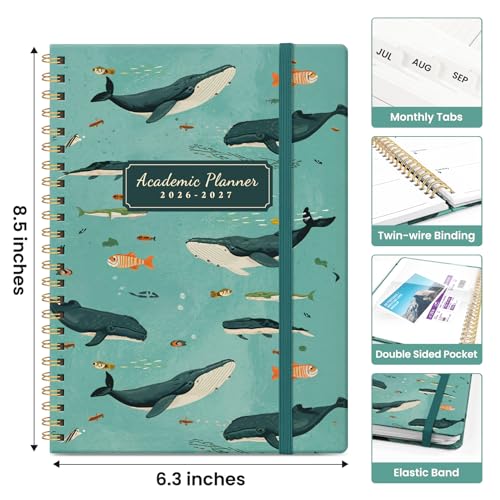 Planner 2026-2027, Academic Year Monthly and Weekly Calendar Planner, Jul 2026 - Jun 2027, Hardcover Teacher Student Planning Agenda book with Tabs, Perfect for School Office Supplies, 6.3" x 8.5" - Depths Whale - color: D-Depths Whale, size: (6.3"x8.5")a
