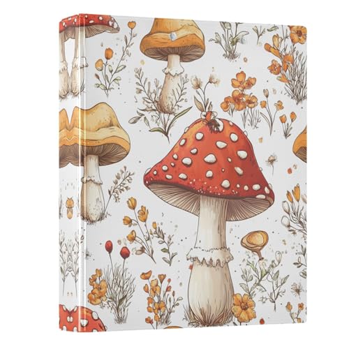 3 Ring Binder with Clipboard, D Rings Holds 200 Sheets, Heavy Duty Binders Folder for School Office, Waterproof PVC Cover with 3 Interior Clear Pockets, Mushrooms