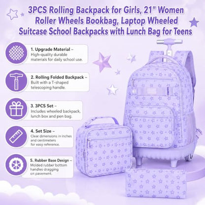 HPJGD 3PCS Girls Rolling Backpack, Purple Star Wheeled School Backpacks, Water-Resistant Roller Bookbag Set - color: Purple Star Rolling Backpack Set