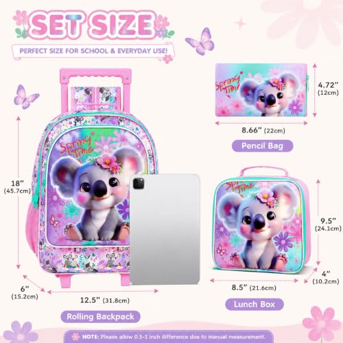 KLFVB Rolling Backpack for Girls, 3PCS Kids Roller Bookbag with Lunch Bag, Wheeled School Bag for Children - Koala - color: Upgraded Uv Printing Pink Koala Rolling Backpack