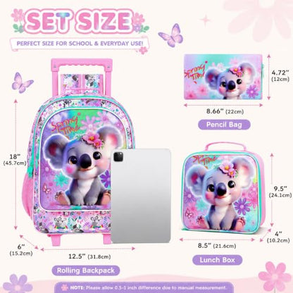 KLFVB Rolling Backpack for Girls, 3PCS Kids Roller Bookbag with Lunch Bag, Wheeled School Bag for Children - Koala - color: Upgraded Uv Printing Pink Koala Rolling Backpack
