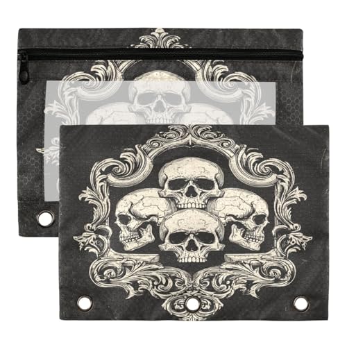 2 Pack Gothic Skulls Grunge Style Art Logo 3 Ring Binder Pencil Pouches Bags,Clear Window Storage Case with Zipper for Boys Girls School Office Supplies Cosmetics Organizers - color: Multi-skull