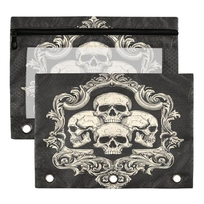 2 Pack Gothic Skulls Grunge Style Art Logo 3 Ring Binder Pencil Pouches Bags,Clear Window Storage Case with Zipper for Boys Girls School Office Supplies Cosmetics Organizers - color: Multi-skull