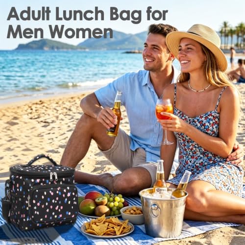 FlowFly Insulated Reusable Lunch Bag Adult Large Lunch Box for Women and Men with Adjustable Shoulder Strap,Front Zipper Pocket and Dual Large Mesh Side Pockets,BlackFlower - color: BlackFlower