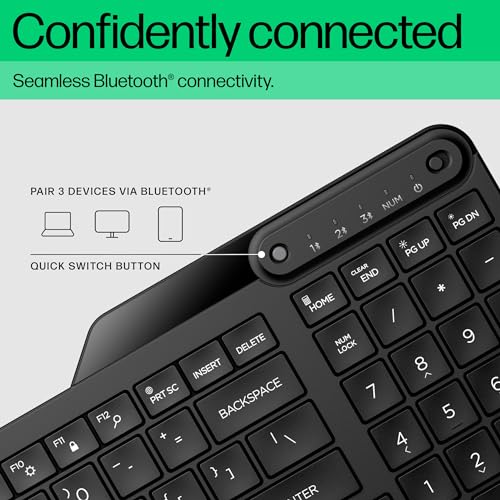 HP 460 Multi-Device Bluetooth Keyboard - Bluetooth with Swift Pair to 3 Multi-Devices, Compatible with Windows/Mac/Chromebook, Laptop, Notebook Black (7N7B8AA) - color: Black, style: Multi-Device KB