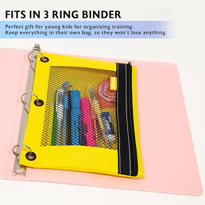 BAZIC PRODUCTS Bright Color 3-Ring Pencil Pouch with Mesh Window, 6-Set | clear mesh window and a zipper closure for pens, pencils, supplies - size: 6 Count (Pack of 1)
