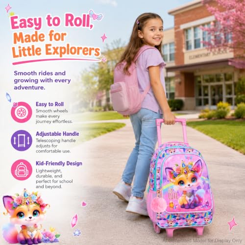 3Pcs Rolling Backpack for Girls, Kids Roller School Backpack with Wheels, Fox Wheeled Bookbag for Elementary Preschool Kindergarten(Pink) - color: Fox Yellow