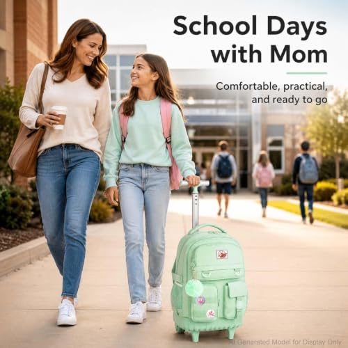 CCJPX Rolling Backpack for Girls Women, 21 inch Roller Wheels School Bookbag, Wheeled Suitcase Backpacks with Lunch Bag for Teen - Green - color: Green