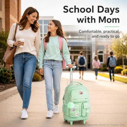 CCJPX Rolling Backpack for Girls Women, 21 inch Roller Wheels School Bookbag, Wheeled Suitcase Backpacks with Lunch Bag for Teen - Green - color: Green