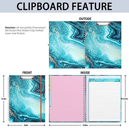 Rimilak Spiral Clipboard Folio with Refillable Lined Notepad, 14.5 x 9.8 In, Hardcover Cover with 5 Interior Pockets, Elastic Band and Pen Loop Series. Cute Stylish Clipfolio, Teal Marble - color: Teal Marble