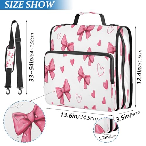 Caikeny 3 Ring Zipper Binder Pink Bows Hearts Red Lovely 1.5 inch Binders Bag Expanding File Pockets with Shoulder Strap and Handle - color: Multicolored 1z83.11