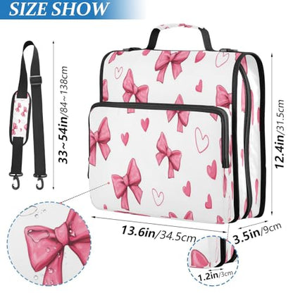 Caikeny 3 Ring Zipper Binder Pink Bows Hearts Red Lovely 1.5 inch Binders Bag Expanding File Pockets with Shoulder Strap and Handle - color: Multicolored 1z83.11