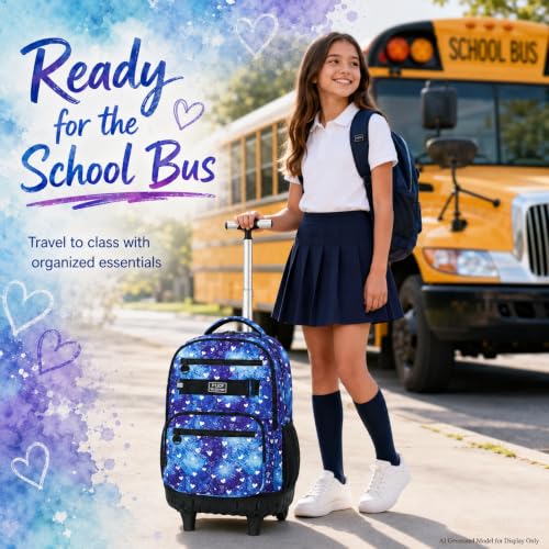 3Pcs Rolling Backpack for Girls, 19 Inche Women Roller Bag with Wheels for Adults, Wheeled Bookbag with Lunch Box(Blue) - color: Blue Love