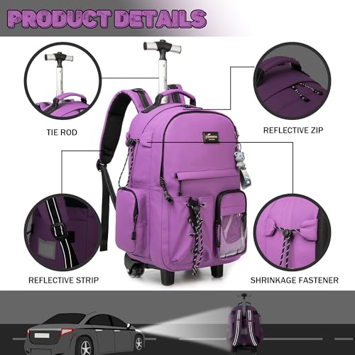 3 in 1 Rolling Backpack for School With Wheels and Lunch Box Set - Purple Carry-On Luggage for Teens, Girls, Boys - color: Purple