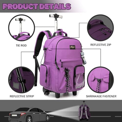 3 in 1 Rolling Backpack for School With Wheels and Lunch Box Set - Purple Carry-On Luggage for Teens, Girls, Boys - color: Purple