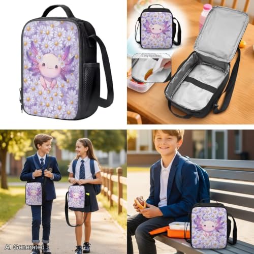 Daisy Axolotl Backpack for Boys Girls with Lunch Box Kids Bookbags for Boys Ages 5-10 Backpack with Lunch Bag 4Pcs Set Pencil Case Water Bottle Pouch Elementary 17 inch School Accessories - color: Daisy Axolotl