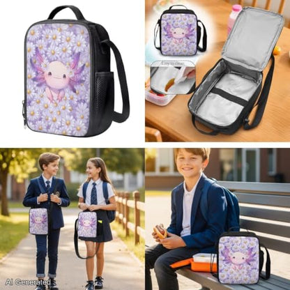 Daisy Axolotl Backpack for Boys Girls with Lunch Box Kids Bookbags for Boys Ages 5-10 Backpack with Lunch Bag 4Pcs Set Pencil Case Water Bottle Pouch Elementary 17 inch School Accessories - color: Daisy Axolotl