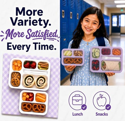 Bento Lunch-Box and Snack Container Set for Kids, 6 and 3 Compartment Boxes Leakproof School Bentos Meal Portion Control Containers BPA Free, Boys Girls Adults, Purple Lilac Large + MINI 2 Pack - color: Lilac Large + MINI 2 Pack