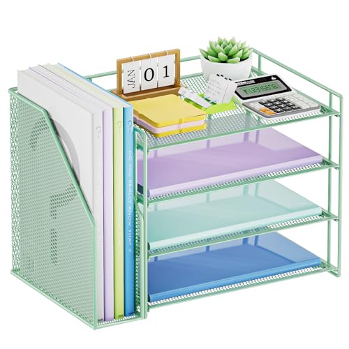 Marbrasse Desk Organizer and Accessories，4-Tier Paper Letter Tray Organizer with File Holder，Desk Accessories & Workspace Desktop Organizers for School Home Office Supplies (Green) - color: Green