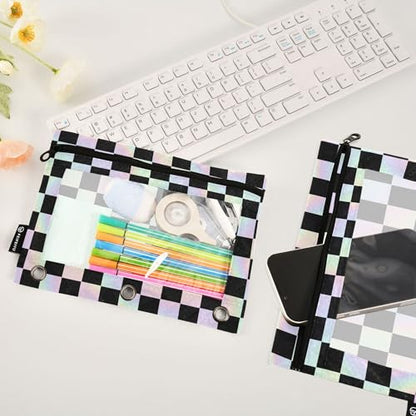 Black Chessboard Binder Pouches 3 Ring for Boys Girls School Office College Supplies White Buffalo Plaid Rainbow Color Pencil Pouches Case Bag with Clear Window and Zipper 2 Pack - color: Rainbow