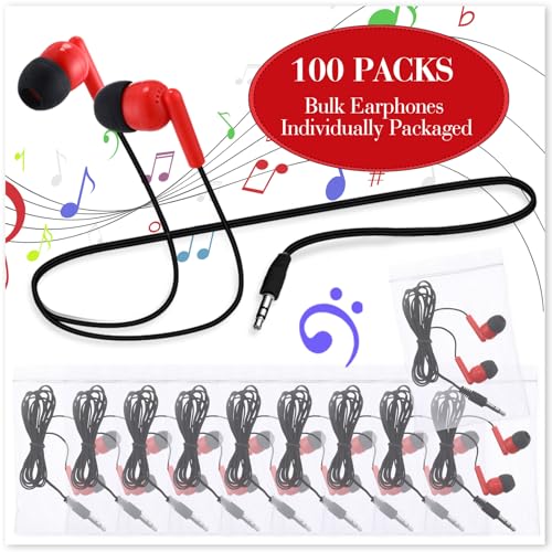 Kanayu 100 Pack Wired Earbuds Bulk for Classroom Ear Headphones Wired Basic Student Earbuds No Microphone with 3.5MM Jack for Class Laptop School Library, Individually Bagged (Red) - color: Red