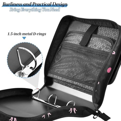 Black Pink Bow Cherry Zipper Binder Bag 3 Ring Binder with Shoulder Strap Zip Up 500 Sheets Capacity Multi Pockets for School Office Supplies - color: Multi1816, size: Fit 500 Sheets