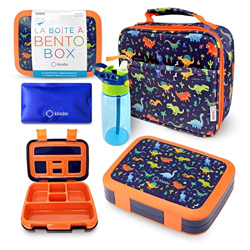kinsho Bento Lunch Box with Insulated Bag, Water Bottle&Ice Pack Set for Kids Toddlers,5 Portion Sections, BPAFree Removable Tray, PreSchool Kid Toddler Daycare Lunches, Snack Container,Blue Dinosaur - color: Blue Dinosaur Set