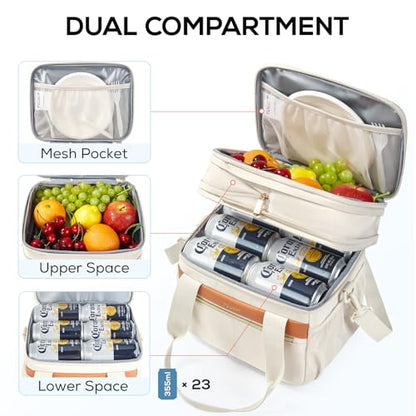 TOURIT Insulated Lunch Box Bag, Double Deck Leakproof Cooler Tote for Work Office Picnic, Expandable Lunch Container, Picnic - color: Beige