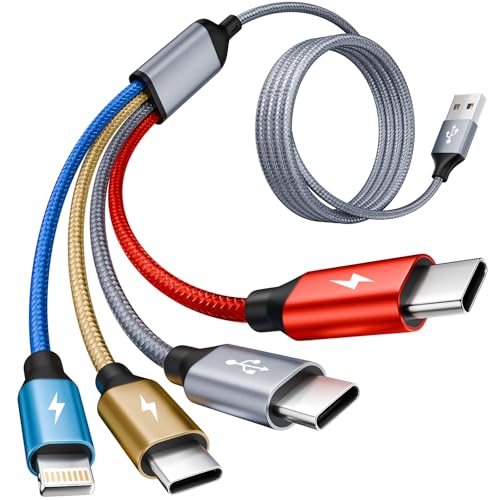 MPATIBY Multi Charging Cable,3 Type-C Multiple Charger Cable Nylon Braided 4 in 1 Multi USB Cable Charging Cord with IP/Type C Ports for Cell Phones/IP/Tablets/Galaxy & More-1Pack 5Ft. - color: Blue_Gold_Grey_Red, size: 1Pack5FT