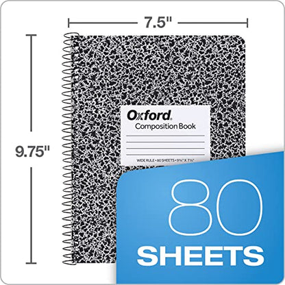 Oxford Spiral Composition Notebooks, 4 Pack, Wide Ruled Paper, 9-3/4 x 7-1/2 Inches, 80 Sheets, Black Marble Cover (64950) - size: Wide Rule