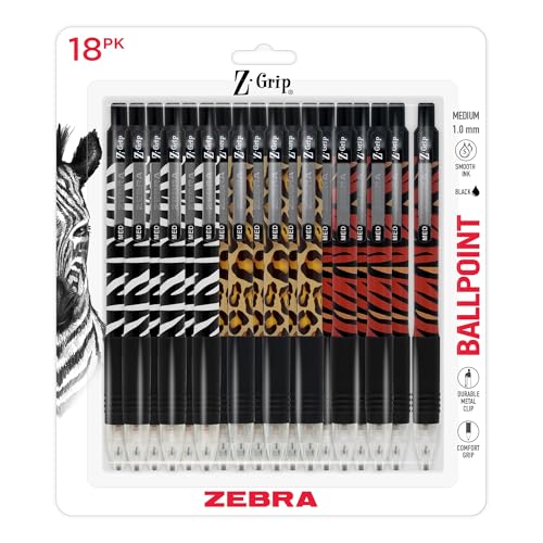Zebra Pen Z-Grip Animal Print Retractable Ballpoint Pen, Black, 1mm, 18-Pk | Smooth Writing, Medium Point Tip, Ideal for Planners, Note-Taking, School and Office Supplies, and Everyday Writing (22818) - color: Black L