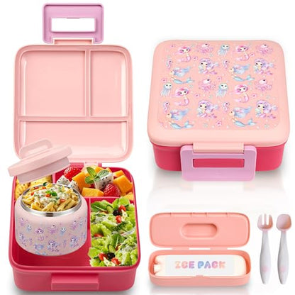 Bento Lunch Box for Kids with 8oz Soup Thermo Leak-Proof Lunch Food Containers with Snack Sauce Container for Kid Girls Boys to School (Pink Mermaid) - color: Cartoon Pink Mermaid