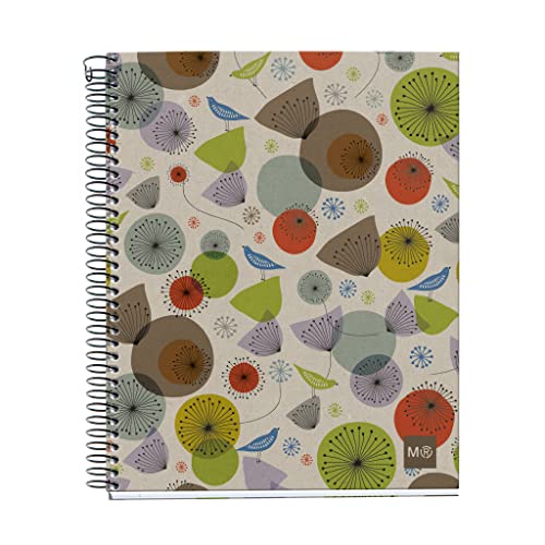 Miquel Rius M 100% PCW Recycled Recycled 4 Subject Notebook, Lined A5-8.27" x 5.83", 120 Sheets Heavyweight Paper, Subjects Separated by Color, 2 Hole Punched, Micro-Perforated, Ecobirds Design, Multicolor - color: Multi, size: A5 - 8.27" x 5.83"