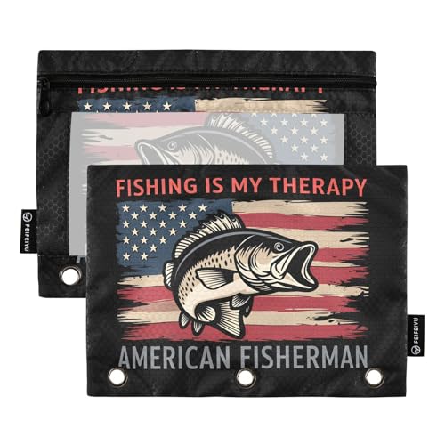 Gredecor 바인더 펜슬 파우치 3링 Fishing is My Therapy 미국 국기 베이스 지퍼 펜슬 파우치 케이스 2팩 투명 바인더 오거나이저 학교 사무실용 - color: Multi13.