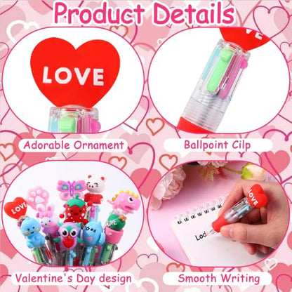 Vellibring 24PCS Valentines Fun Pens 0.7mm Cute Animal Multicolor Ballpoint Pens Retractable 4 Colors in One Valentines Stationery Party Favors School Supplies Students Rewards - style: Valentines-24pcs