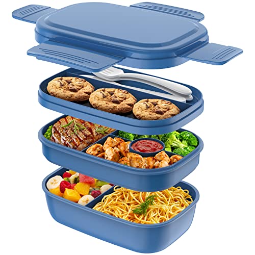 HOMETALL Stackable Bento Box Adult Lunch Box, Large Capacity 1900ml Lunchbox with Utensil Set, Leak-Proof for Dining Out, Work, Picnic, School - color: Dark Blue