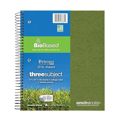 Roaring Spring Environotes Recycled Spiral Notebook, 3 Subject, 11" x 9", 120 Perforated Sheets, 20 lb Bio-Based Paper, College Ruled w/ Margin, Assorted Earthtone Covers, Double Pocket, 2 Dividers, Made in USA - size: 11" x 9" 120 Sheets (Pack of 1)