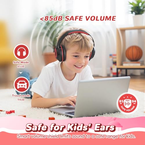 Kids Bluetooth Headphones with 85H Playtime Without LED, Safe Volume 85/94dB Wireless Headphones for Kids, Bluetooth 5.4 Over-Ear Toddler Headset for Boys Tablet/Airplane/ School (Atrous & Red No LED) - color: Atrous & Red