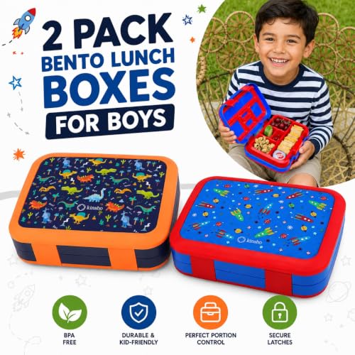 kinsho Bento Lunch Boxes for Boys Toddlers, 5 Portion Sections Secure Lid, Snack Container, Microwave Safe BPA Free Removable Plastic Tray, Pre-School Kid Daycare Lunches, 2 Pack Dinosaur + Rocket - color: Blue Orange & Red