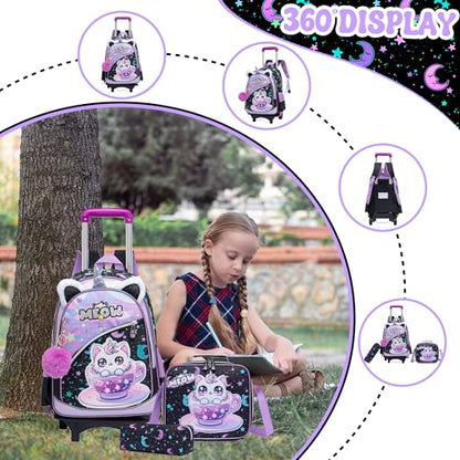 Meetbelify Girls Cute Backpack with Wheels for Elementary Students Kids Black Travel Luggage - color: Black Cat