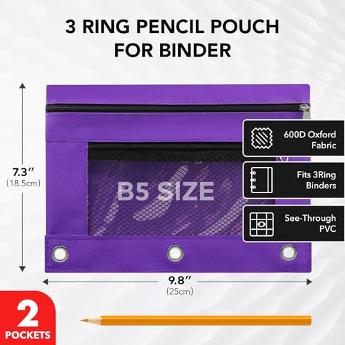 3 Ring Pencil Pouch for Binder, 2-Pocket Zipper Pencil Case with Clear Window & Mesh Pocket, Heavy Duty 600D Oxford Fabric Binder Pouch for School Office Supplies, Fits Standard 3-Ring Binders, Purple - color: Purple
