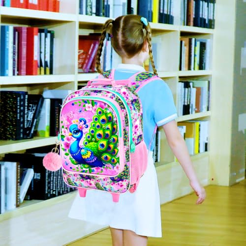KLFVB Girls Bookbag with Wheels, 3PCS Kids Roller Backpack with Lunch Bag, Wheeled School Bag for Children - Peacock - color: Upgraded UV Printing Peacock Pink Rolling Backpack