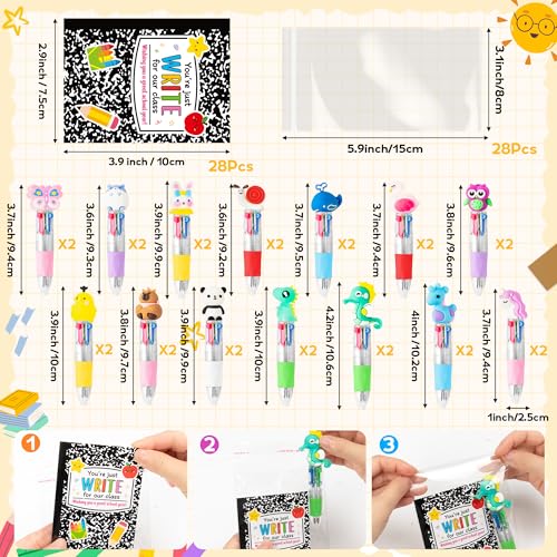 ANGOLIO Back to School Gifts for Students - 28 Sets First Day of School Gifts Include Animal 4 in 1 Multicolor Ballpoint Pens with Greeting Cards for Classmate Teacher Classroom Reward Party Supplies - style: Back to School Cute Animals