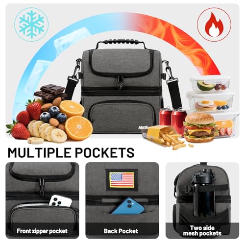 MIER Lunch Box for Men - Dual Compartment Adult Lunch Bag for Work, Grey | Leakproof & Insulated; Lunchbox Cooler Tote with Side Bottle Holder; Detachable Shoulder Strap with Pad; Multi-Pockets - color: Gray