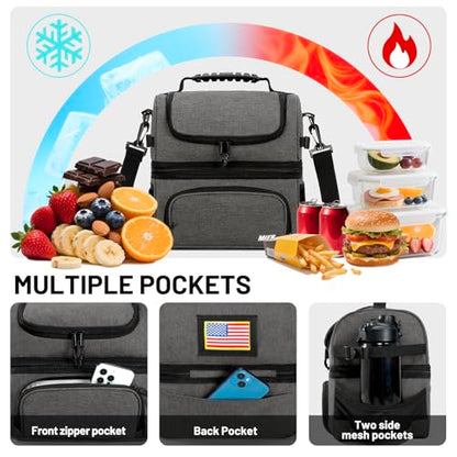 MIER Lunch Box for Men - Dual Compartment Adult Lunch Bag for Work, Grey | Leakproof & Insulated; Lunchbox Cooler Tote with Side Bottle Holder; Detachable Shoulder Strap with Pad; Multi-Pockets - color: Gray
